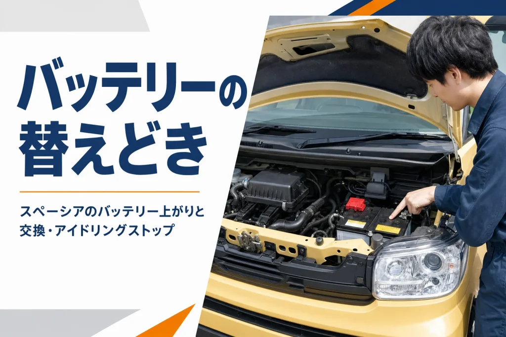 エンジンルームのバッテリーのラベルを確認している様子