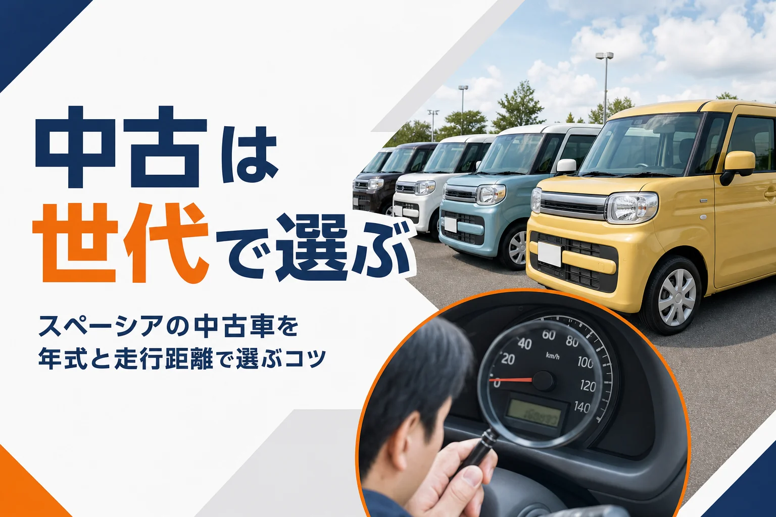 中古車展示場に並ぶ軽ハイトワゴンと走行距離メーター