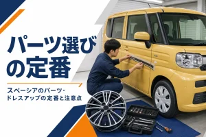 軽ハイトワゴンのドレスアップ作業をしている様子