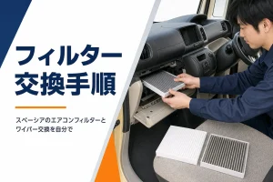 車の助手席でエアコンフィルターを交換している手元