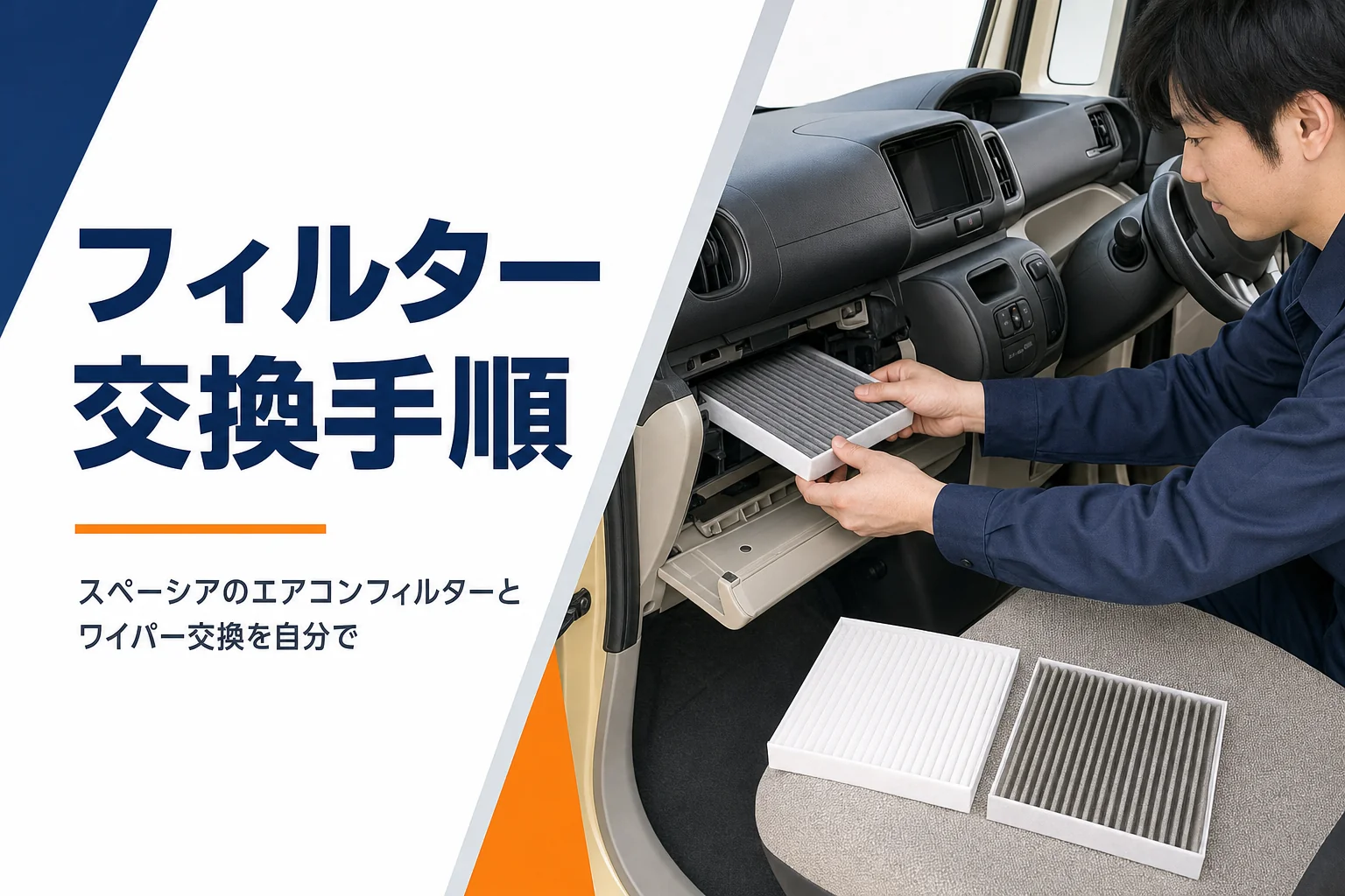 車の助手席でエアコンフィルターを交換している手元
