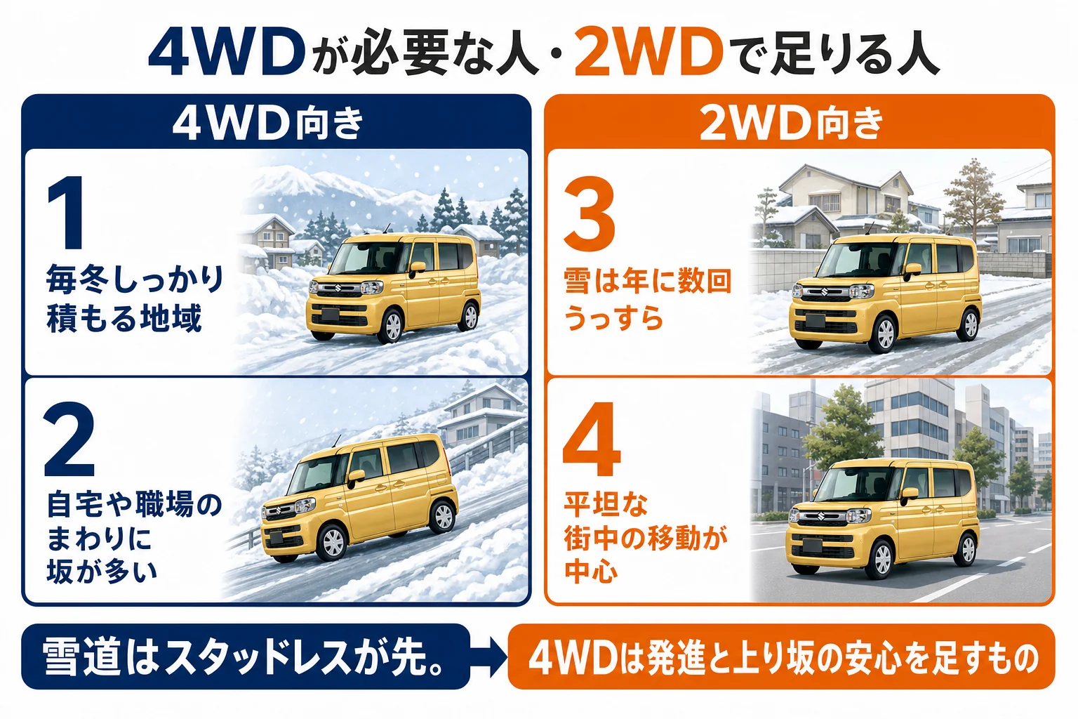 スペーシアで4WDが必要な人と2WDで足りる人の目安