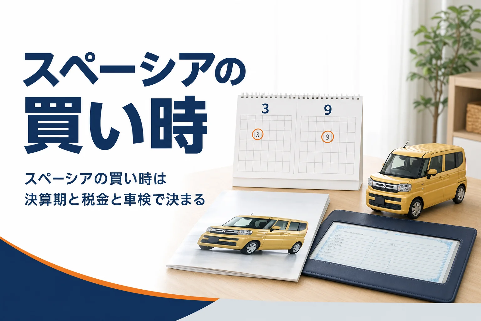 カレンダーと車のカタログで乗り換えの時期を考えている机の上