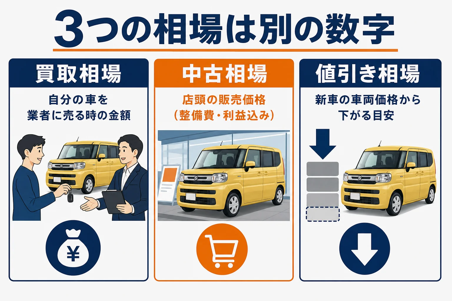 買取相場と中古相場と値引き相場の違いを並べた図