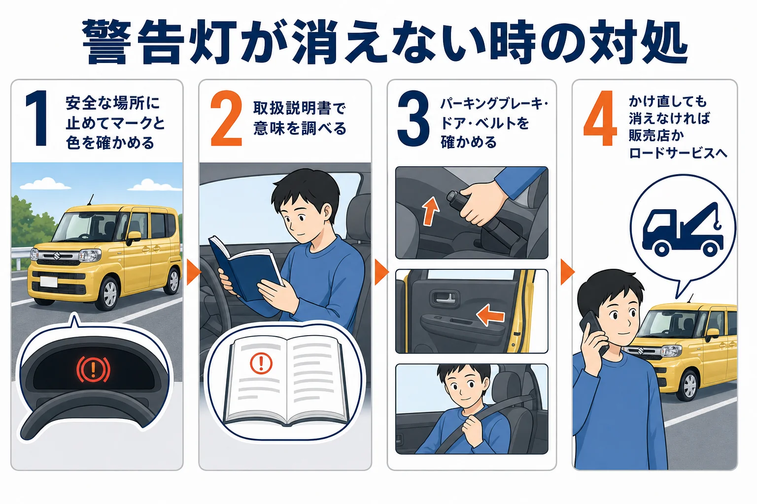 警告灯が点いた時の対処の流れを示した図解