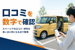 スライドドアを開けた軽ハイトワゴンの横でスマホを見る手元