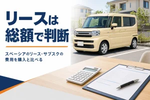 軽ハイトワゴンと契約書類・電卓が並んだ様子