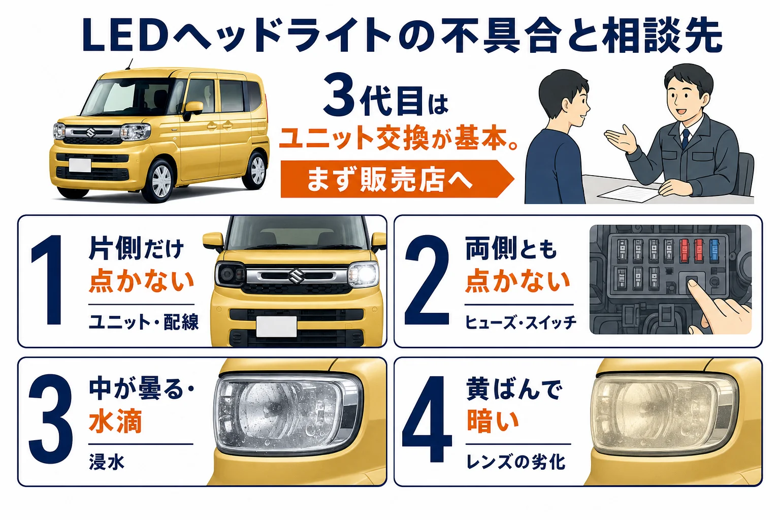 LEDヘッドライトの不具合の症状と相談先をまとめた図解