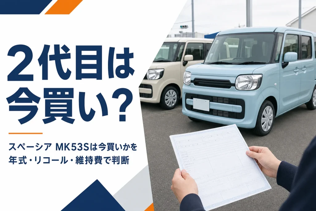 中古の軽スーパーハイトワゴンと車検証を確かめる手元
