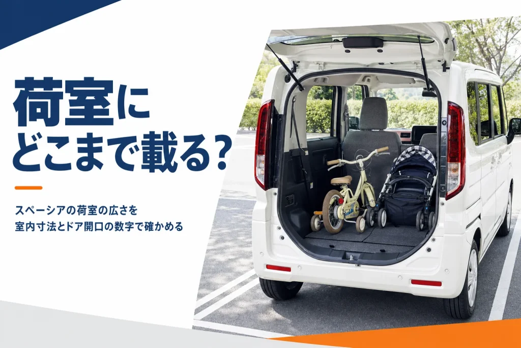 後席を倒したスペーシアの荷室に自転車とベビーカーを積んだ様子