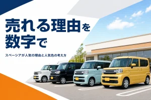 駐車場に並ぶ白・黒・黄色・水色の軽ハイトワゴン
