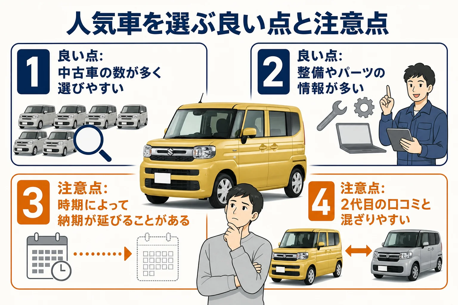 人気車を選ぶ良い点と注意したい点を並べた図解