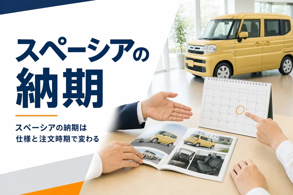 販売店で軽ハイトワゴンの納車予定を相談している様子