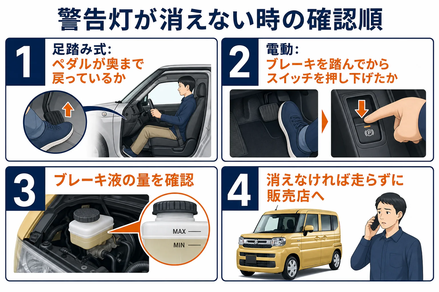 パーキングブレーキの警告灯が消えない時に確かめる順番の図