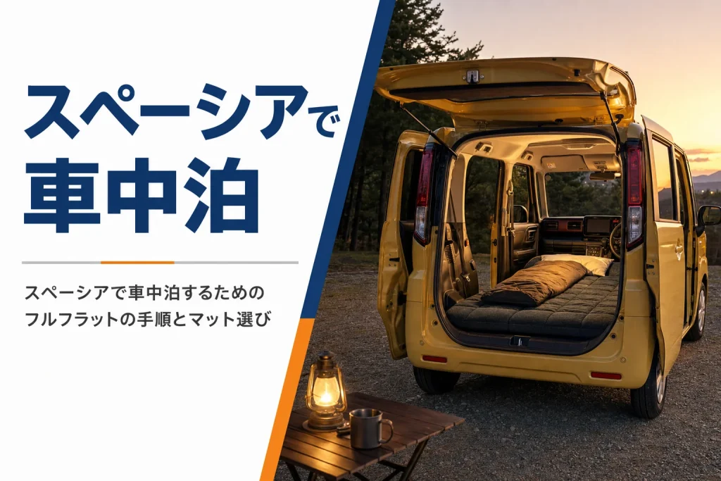 フラットにした車内にマットと寝袋を敷いたスペーシアの車中泊の様子