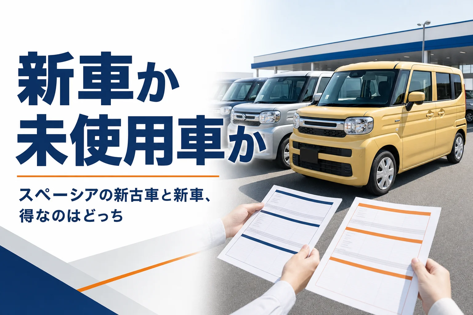 軽ハイトワゴンの新車と未使用車の見積書を見比べる様子