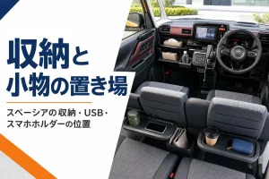 軽ハイトワゴンの前席まわりと後席テーブルの収納