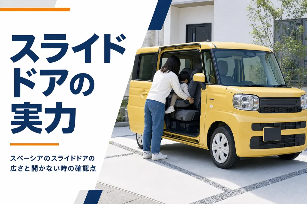 軽スーパーハイトワゴンのスライドドアを開けて子どもを乗せる場面
