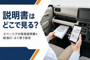 車の取扱説明書とスマホで説明書を見ている手元