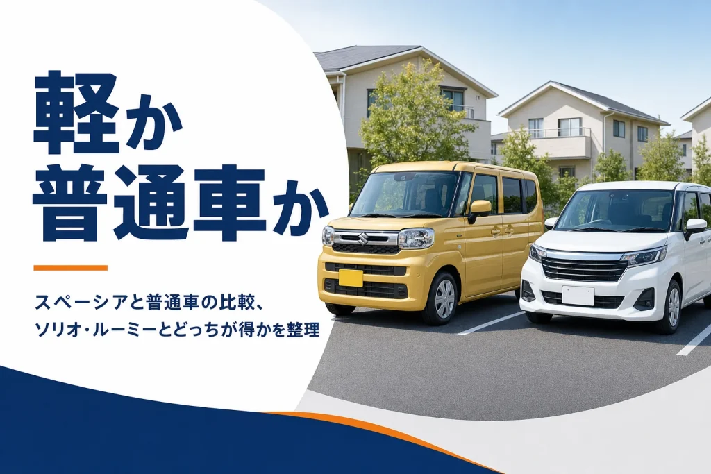 スペーシアと普通車のスライドドア車を並べて比べるイメージ
