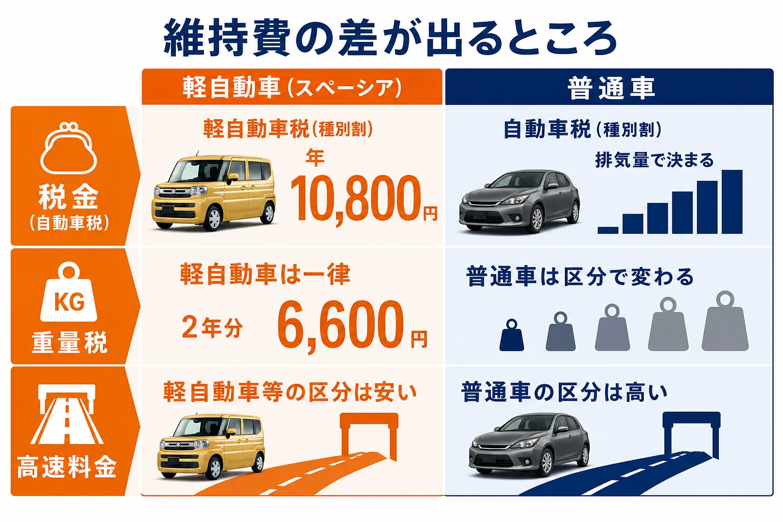 スペーシアと普通車の維持費の差を示した図解